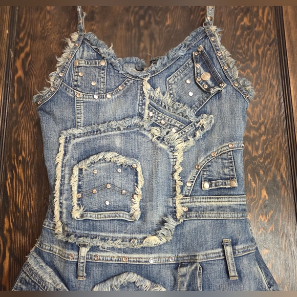 *RARE* Platinum Plush Edgy Blue Denim Patchwork Dress Sz M - Picture 3 of 16